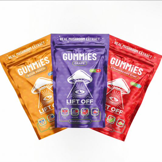 Lift Off Mushroom Gummies – Variety Sampler Pack | Grape, Sour Peach & Strawberry Kiwi • 12,000mg